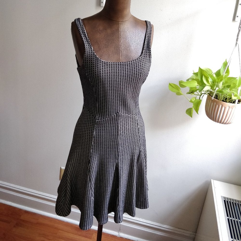 ANTHROPOLOGIE | SM, Bordeaux, black, white, teal zipper flare, dress